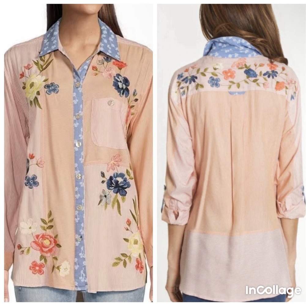 John Mark 2X Embroidered Floral Button Shirt Tunic Bandana Trim Peach Patchwork